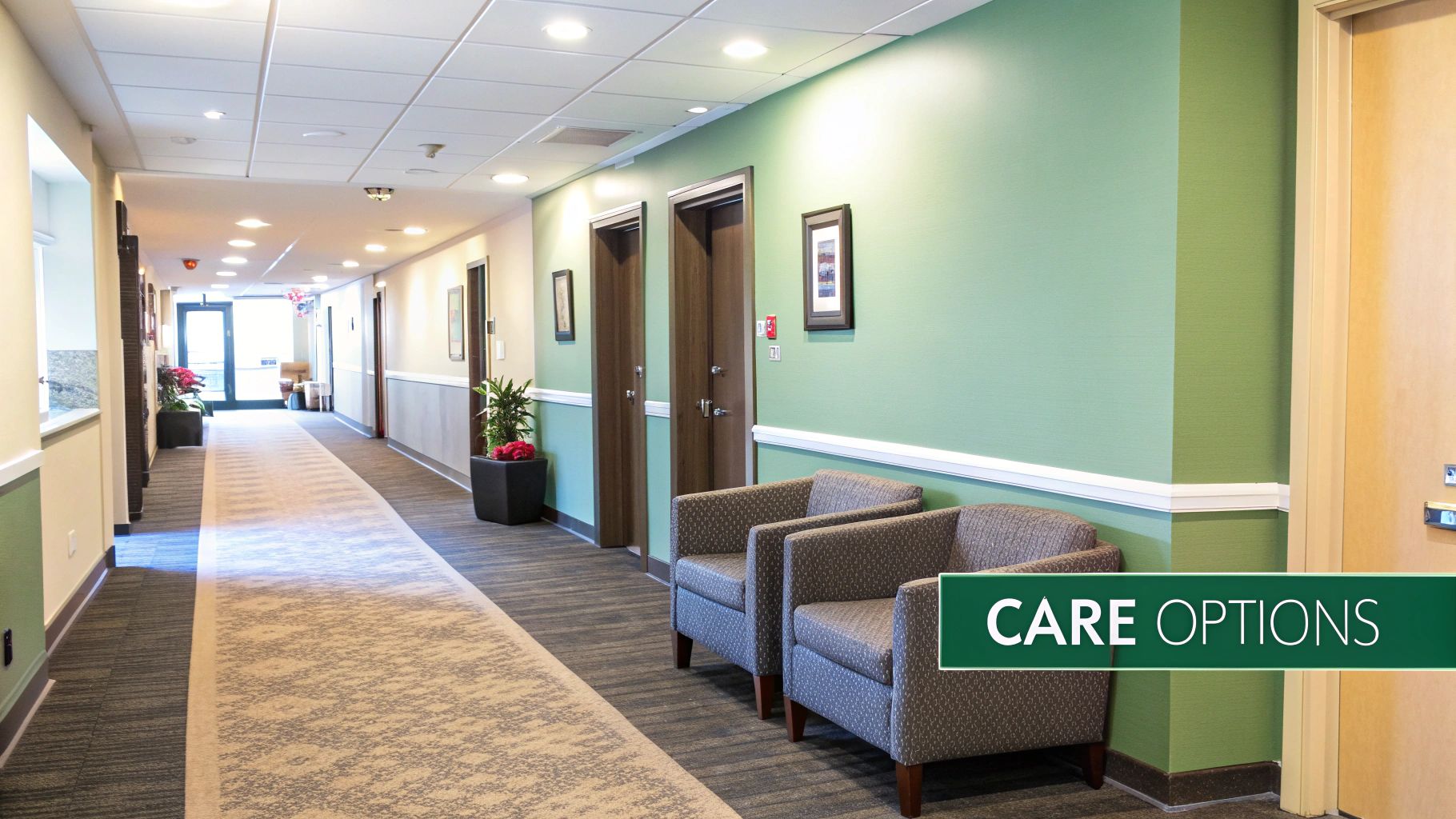 Well-lit hallway with green walls, two chairs, and a long carpet in an assisted living facility.
