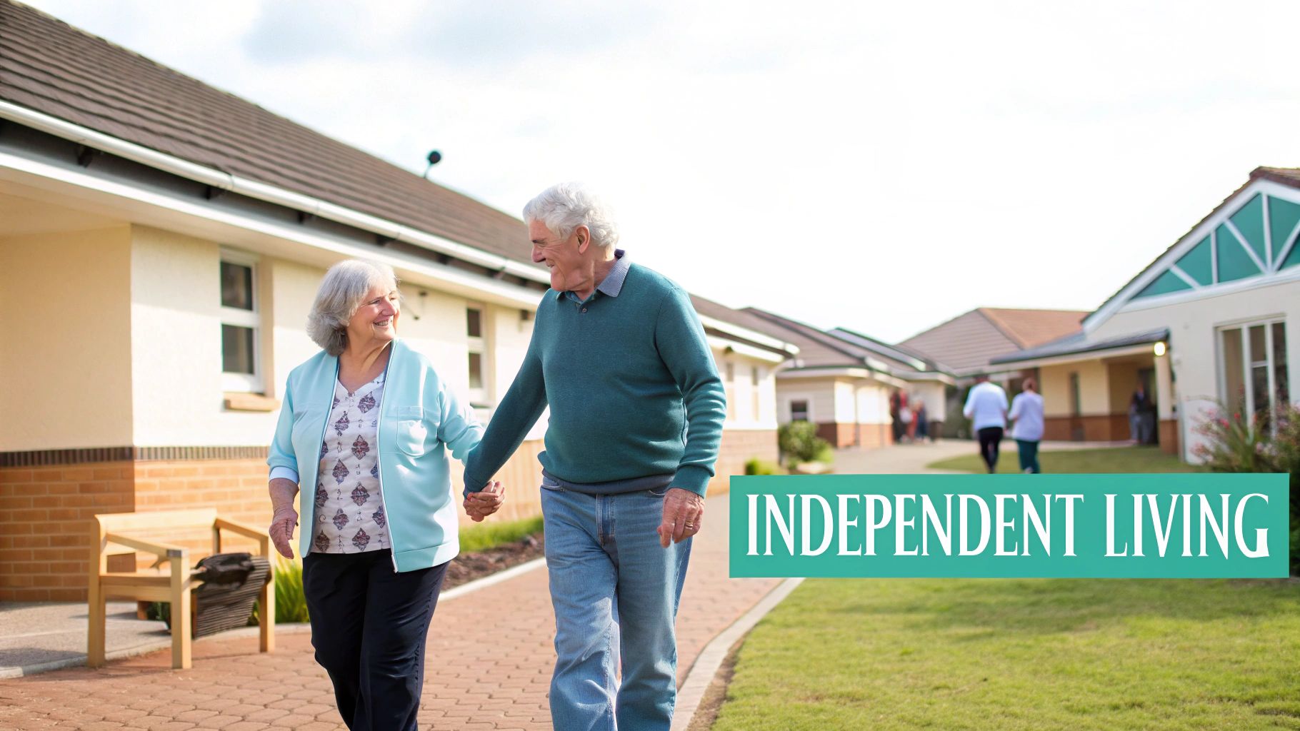 Smiling elderly couple walks hand-in-hand on a paved path outside an independent living community.