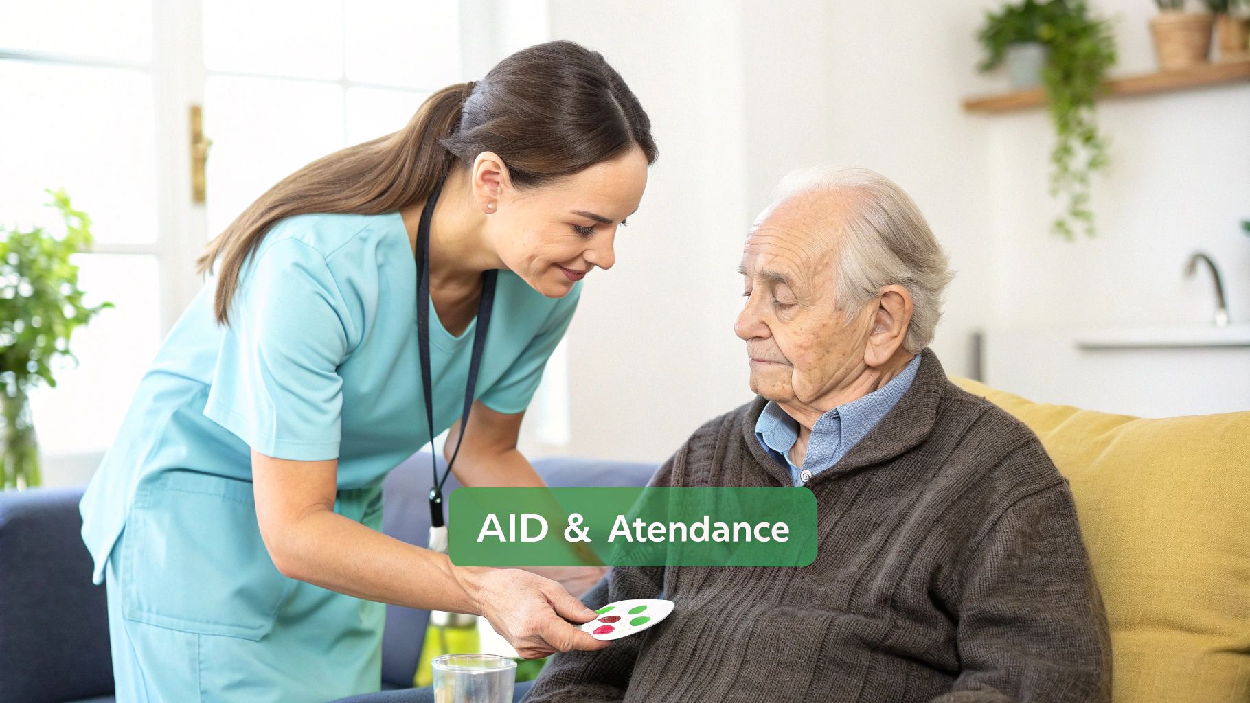 A kind caregiver in scrubs offers medication to an elderly man, symbolizing aid and attendance.