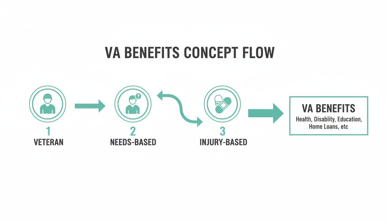 Flowchart illustrating the VA benefits concept: veterans access needs-based or injury-based benefits like health and education.