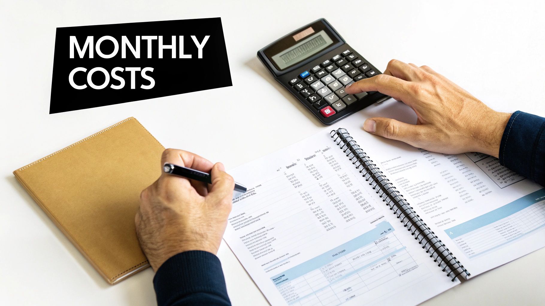 Person calculating monthly costs with a calculator and reviewing financial documents on a white desk.