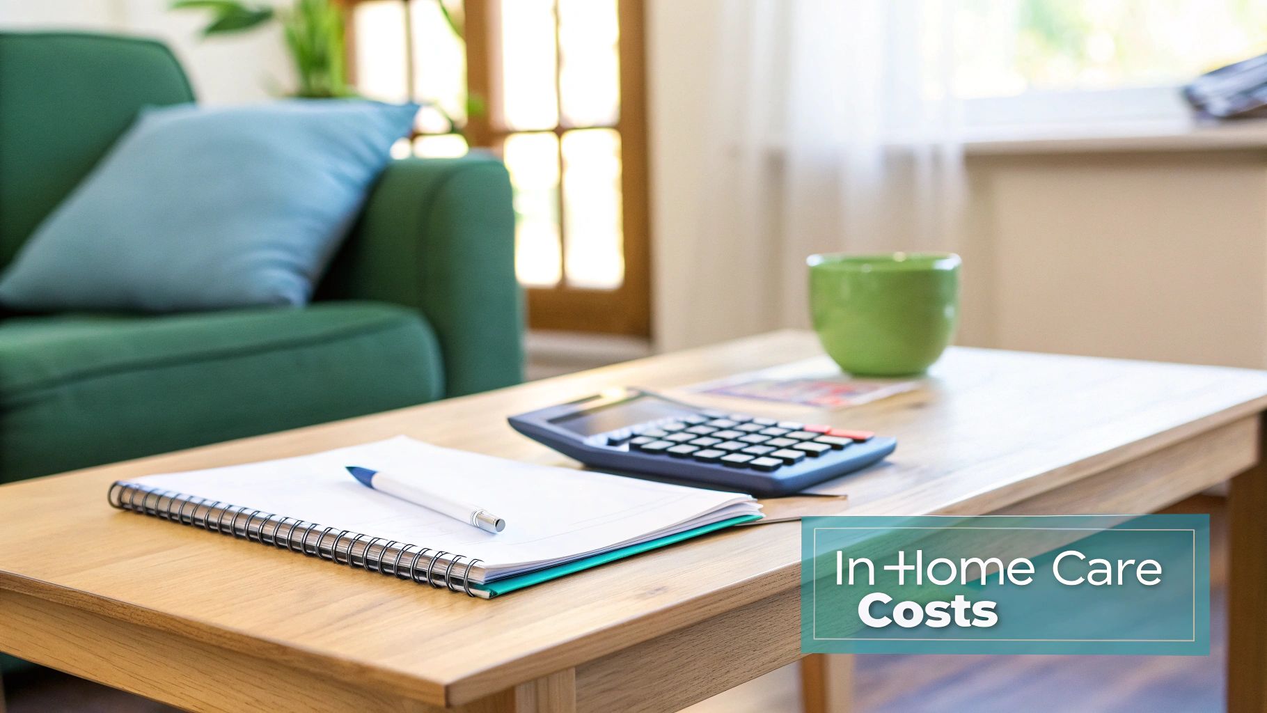 Calculator, notebook, and pen on a coffee table, with a green couch, signifying in-home care cost planning.