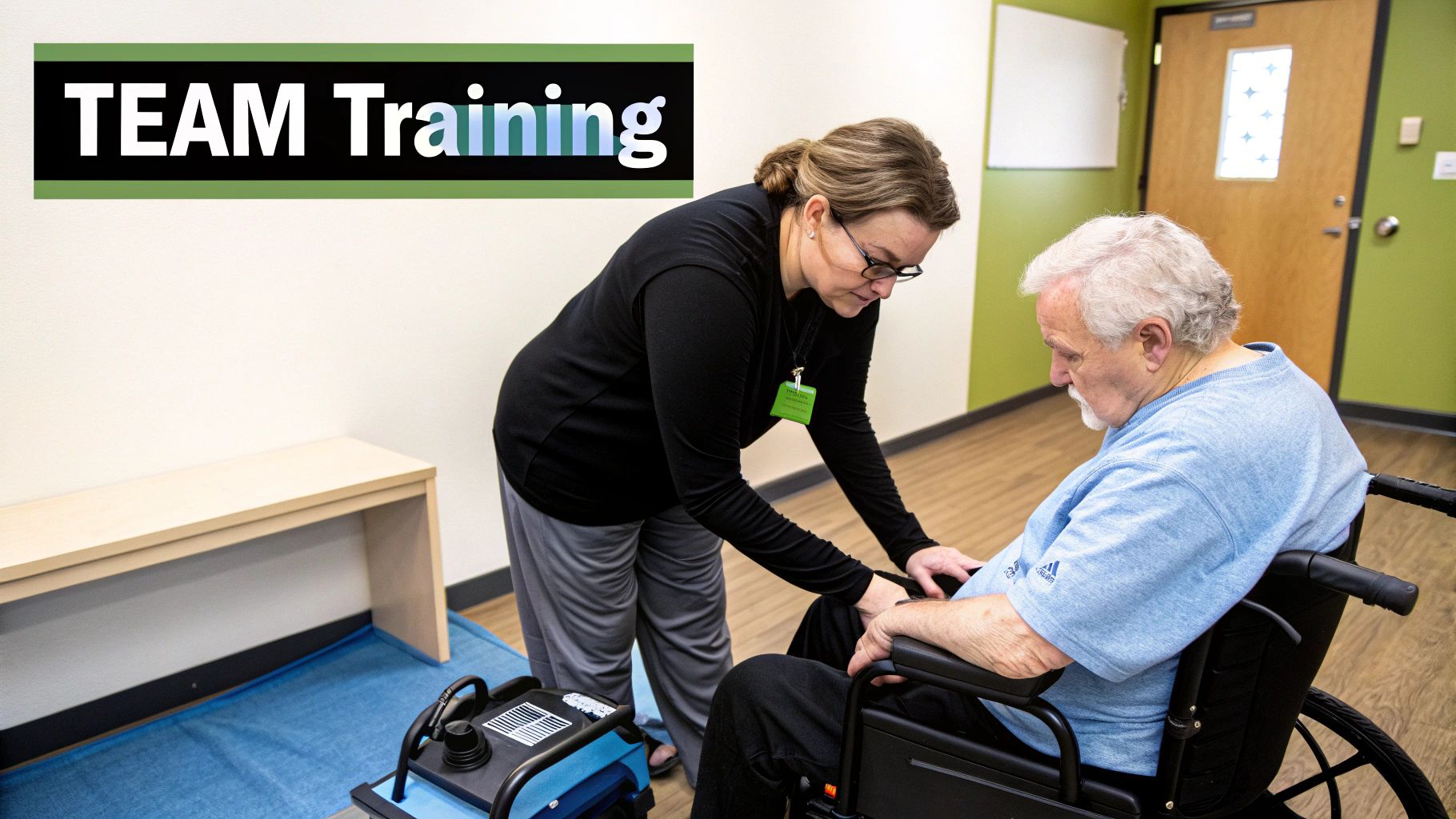 A caregiver assists an elderly man in a wheelchair during a physical therapy training session.