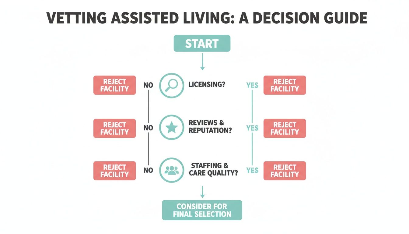 A flowchart titled 'Vetting Assisted Living: A Decision Guide' outlines steps for evaluating facilities.