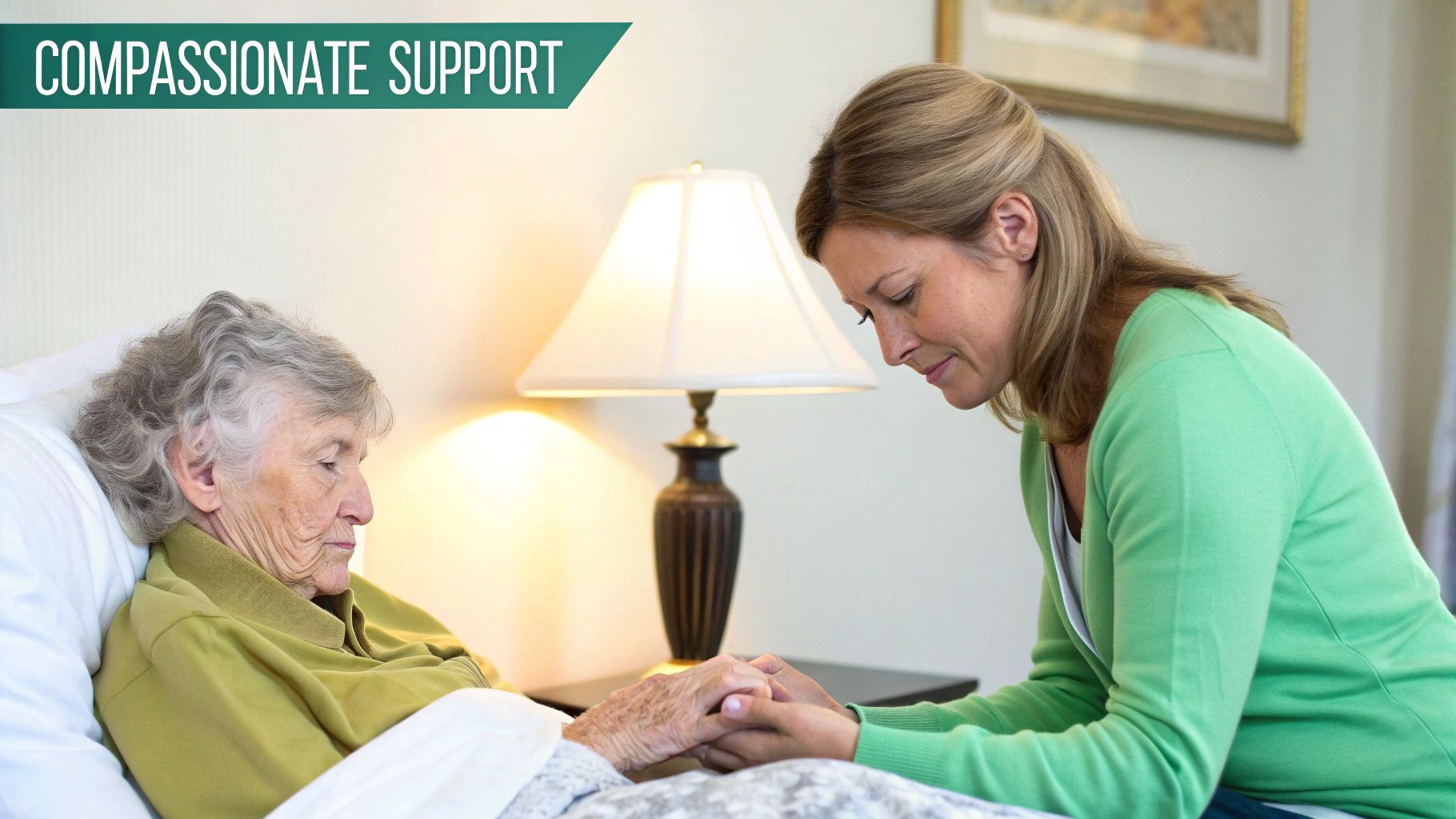 A compassionate young woman holding the hand of an elderly woman in bed, offering comfort.