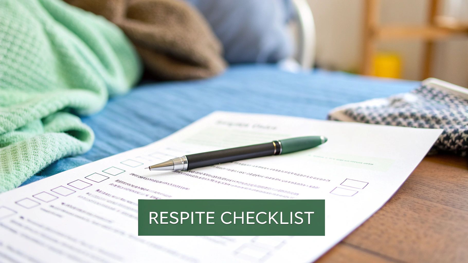 A pen lies on a 'Respite Checklist' document on a table next to a bed with blankets.