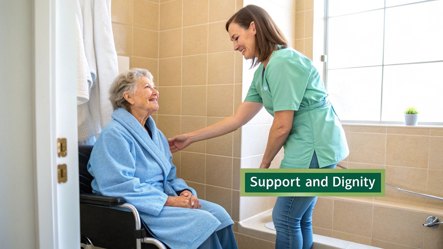 A smiling caregiver gently assists a happy senior woman in a blue robe, sitting in a wheelchair, in a bright bathroom.
