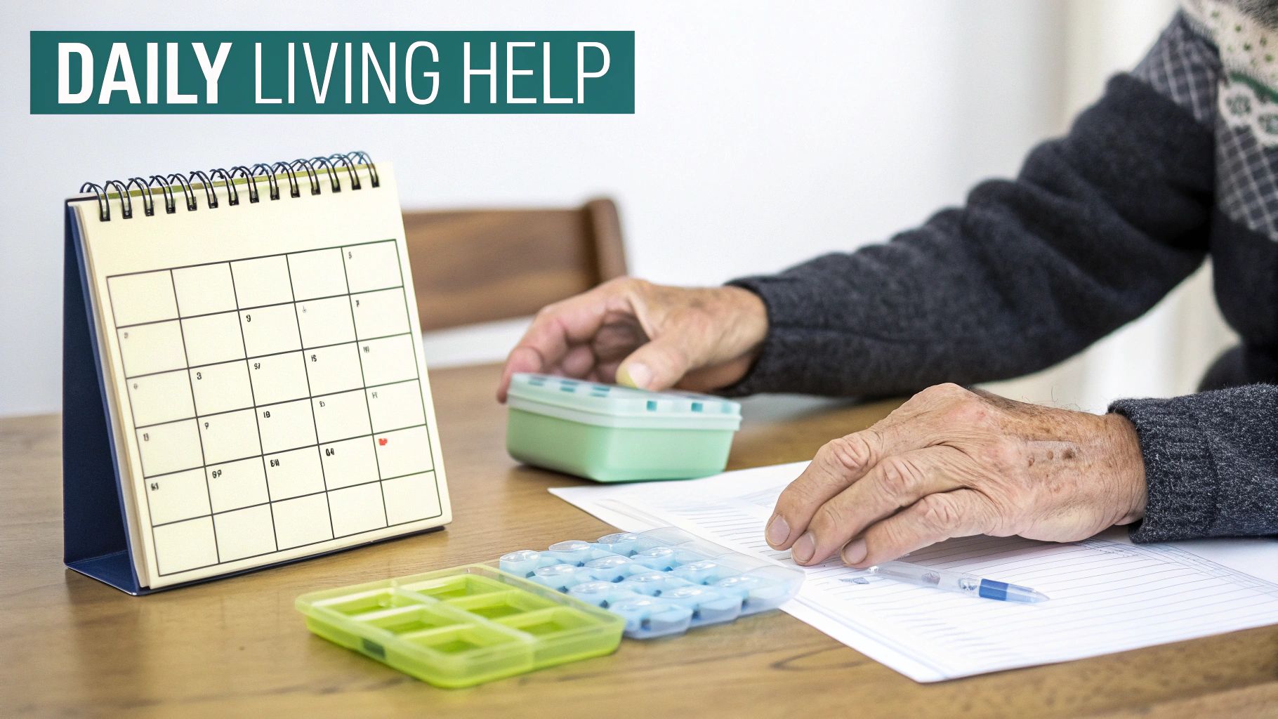 Elderly person's hands organizing medication with pill boxes and calendar, representing daily living help.