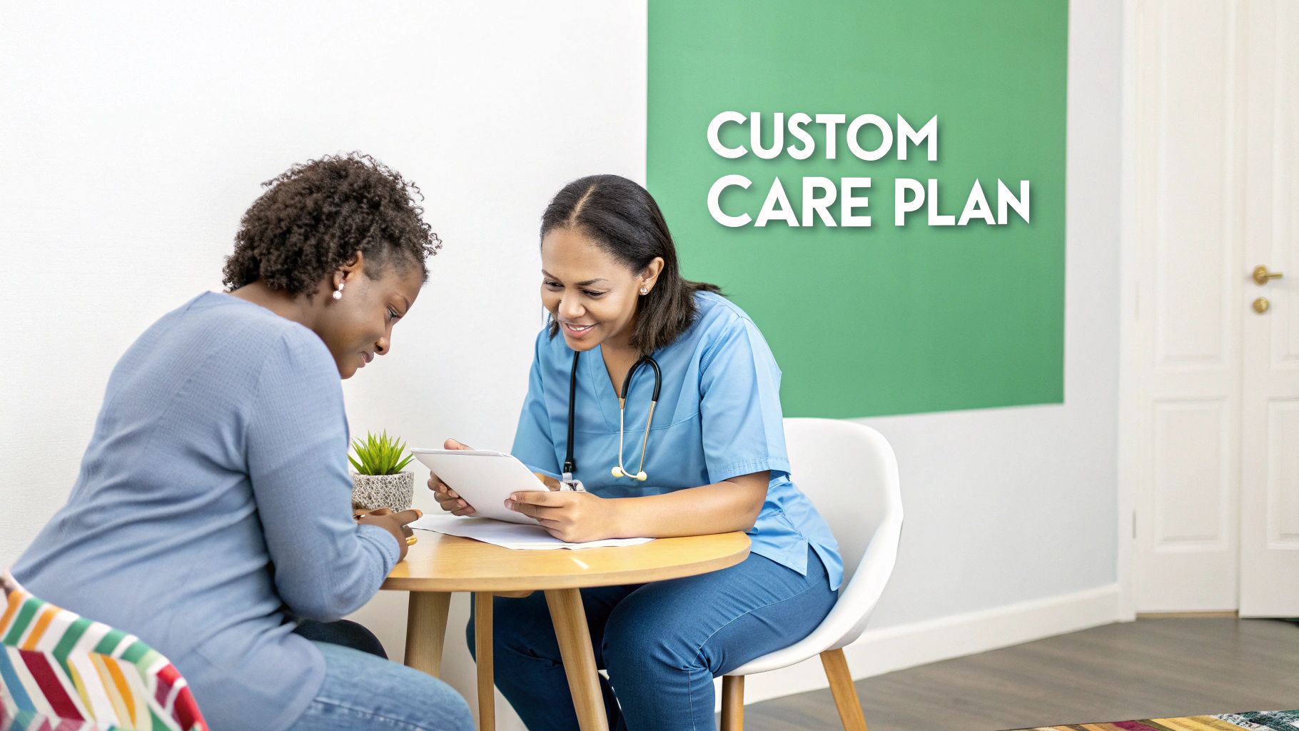 A healthcare professional discusses a custom care plan with a patient on a tablet.