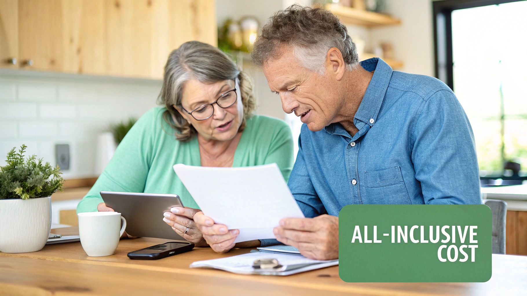 Older couple reviewing financial documents and a tablet, discussing all-inclusive cost at home.