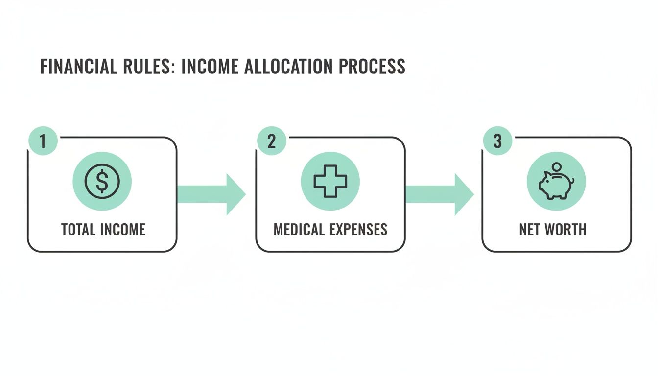 A flowchart showing the financial rules for income allocation from total income to net worth, after medical expenses.