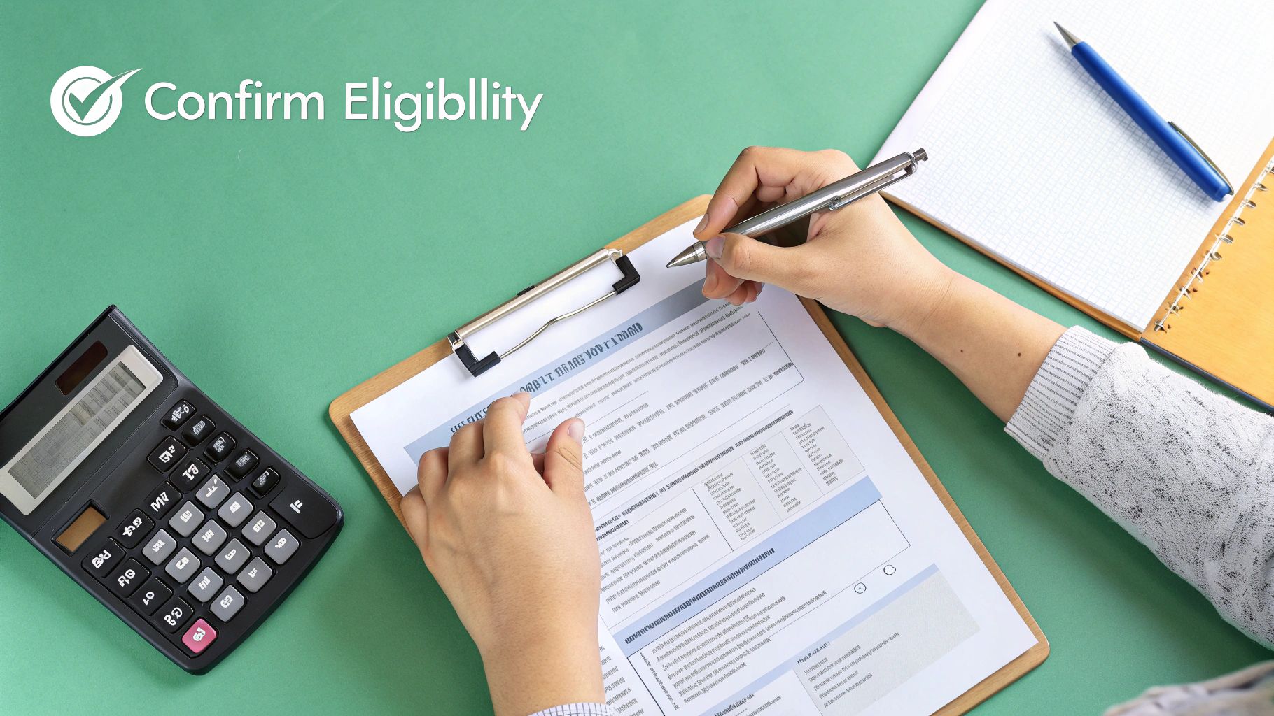 Person's hands filling out an application form on a clipboard with a pen, calculator, and notebook.