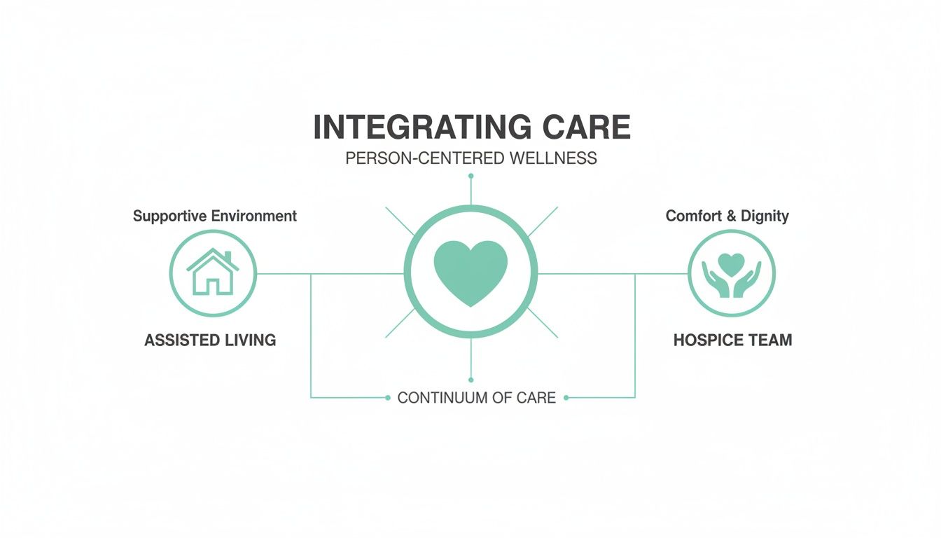 Infographic showing person-centered wellness integrating assisted living and hospice care for a continuum of care.
