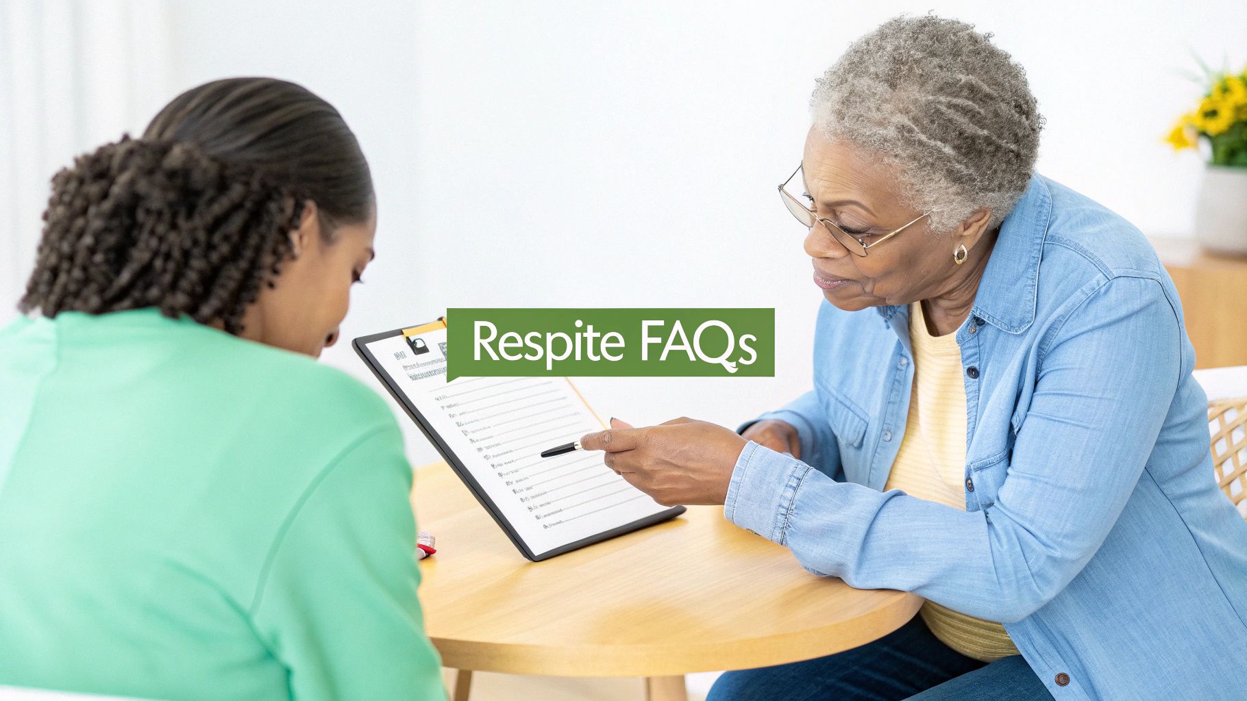 An older woman in glasses points to a document on a clipboard held by a younger woman, discussing respite care.