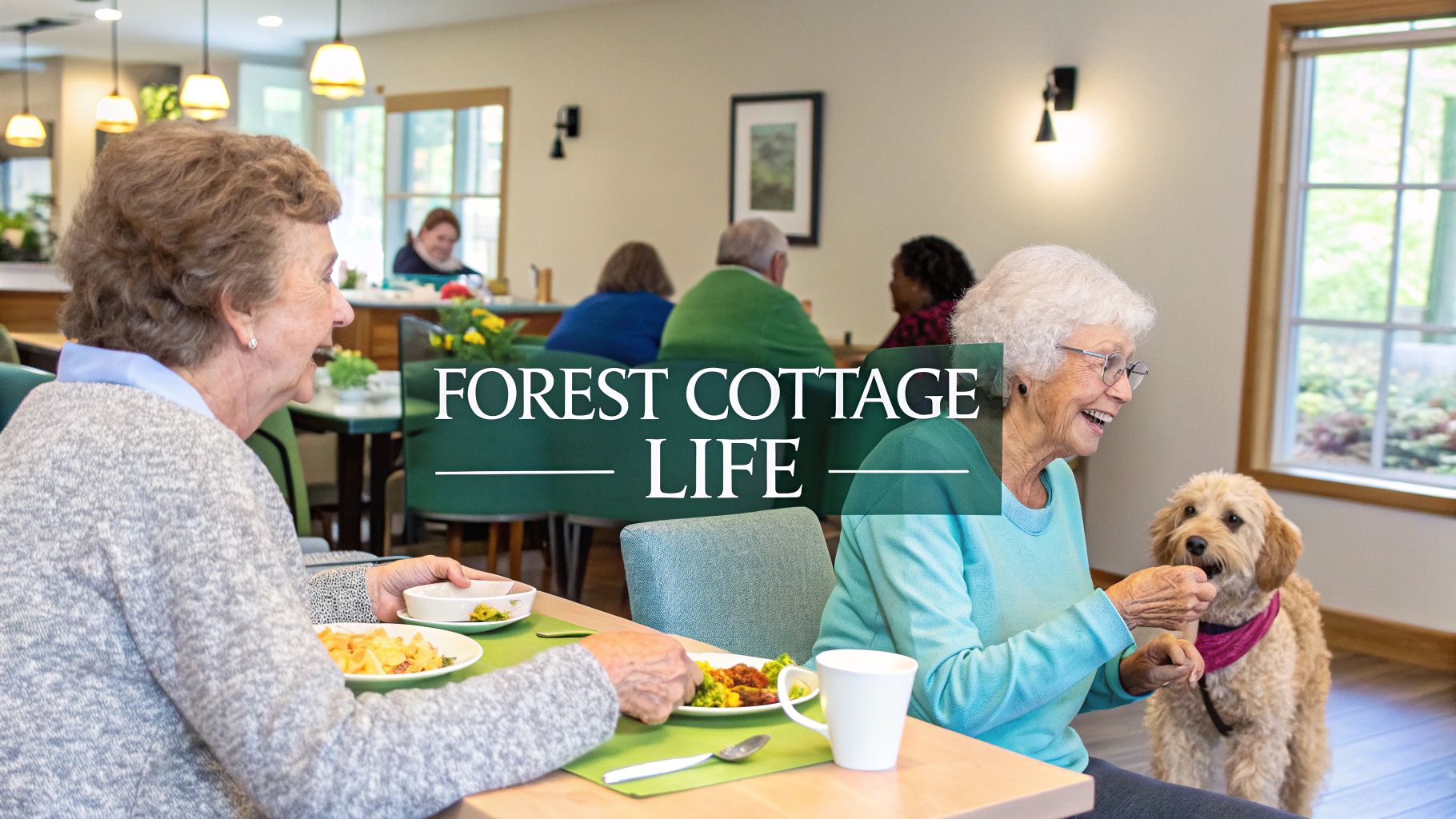 Two elderly women enjoying a meal, one happily feeding a small dog in a vibrant assisted living dining room.