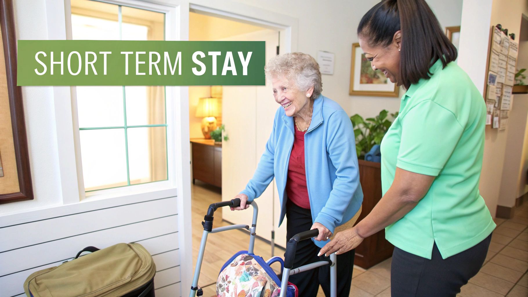 A smiling elderly woman uses a walker while a caregiver assists her in an assisted living facility.