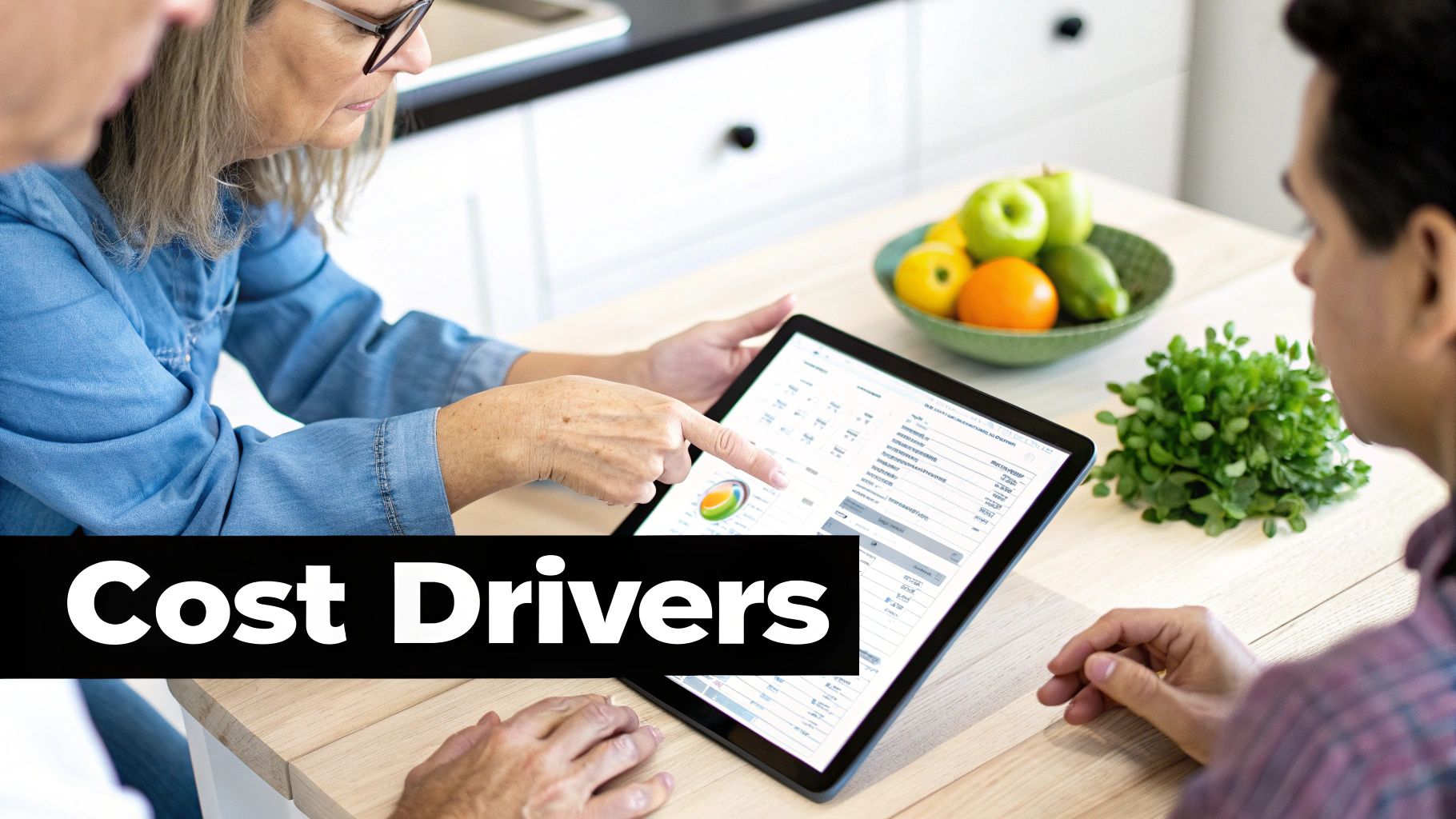 A woman points at a tablet displaying financial data and a pie chart to two other people at a table.