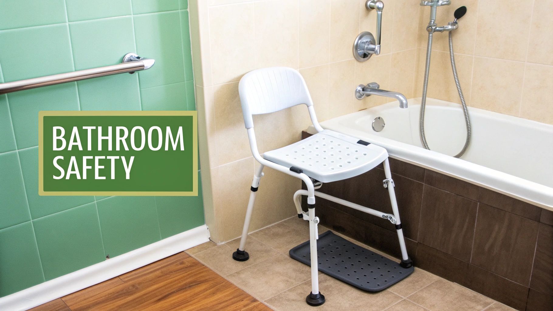 A bathroom featuring a grab bar, a white shower chair, and a non-slip mat for safety.