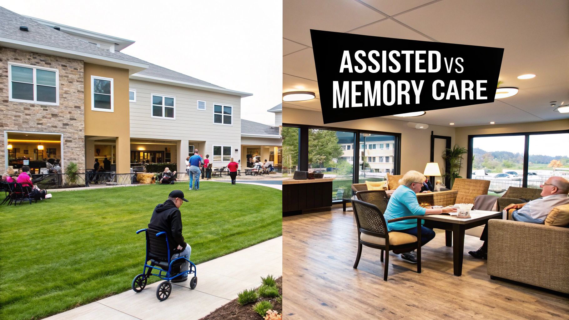 Image comparing assisted living and memory care, showing senior residents in various settings.