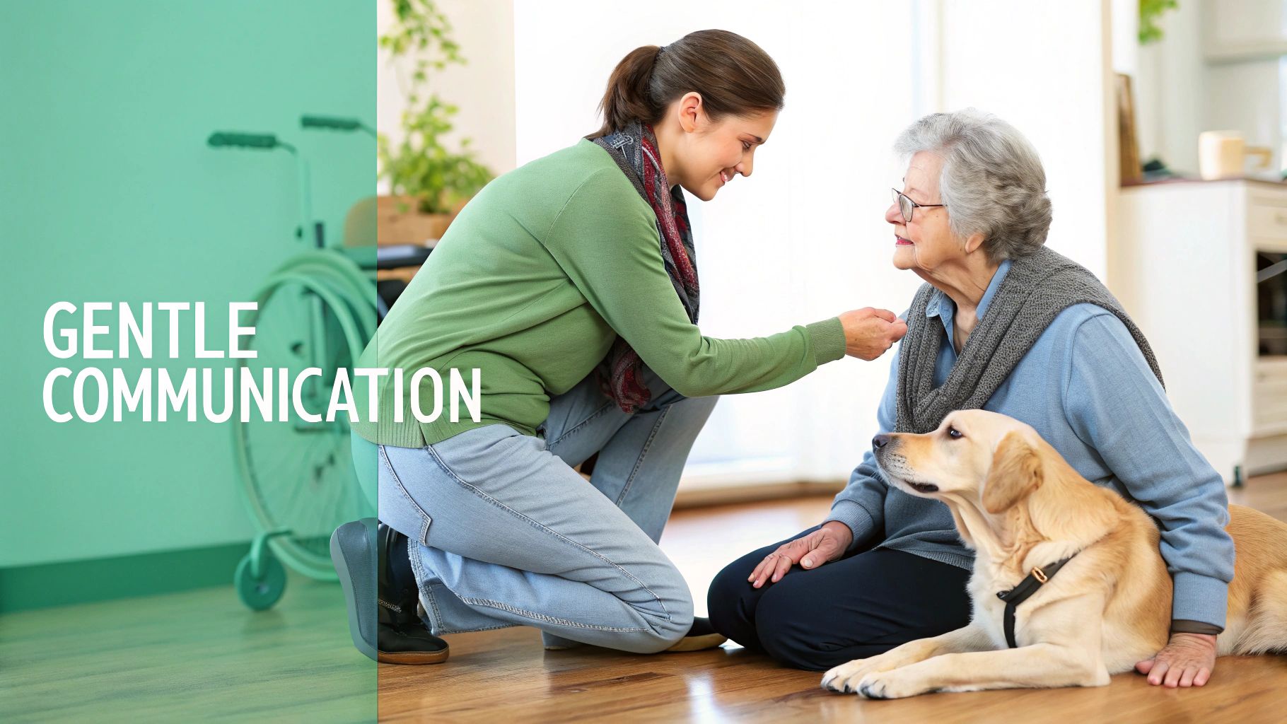 A compassionate young woman communicates gently with an elderly woman, accompanied by a golden retriever.
