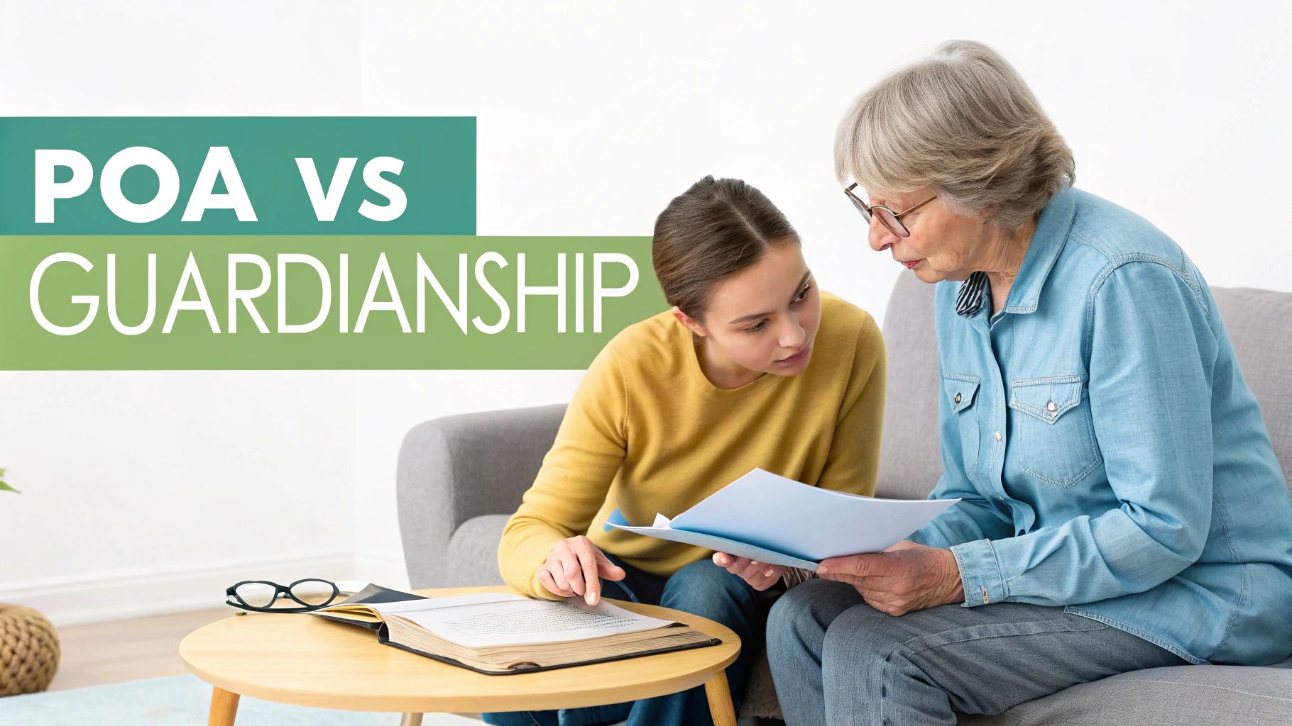 Two women, one older and one younger, review legal documents with text 'POA VS GUARDIANSHIP'.