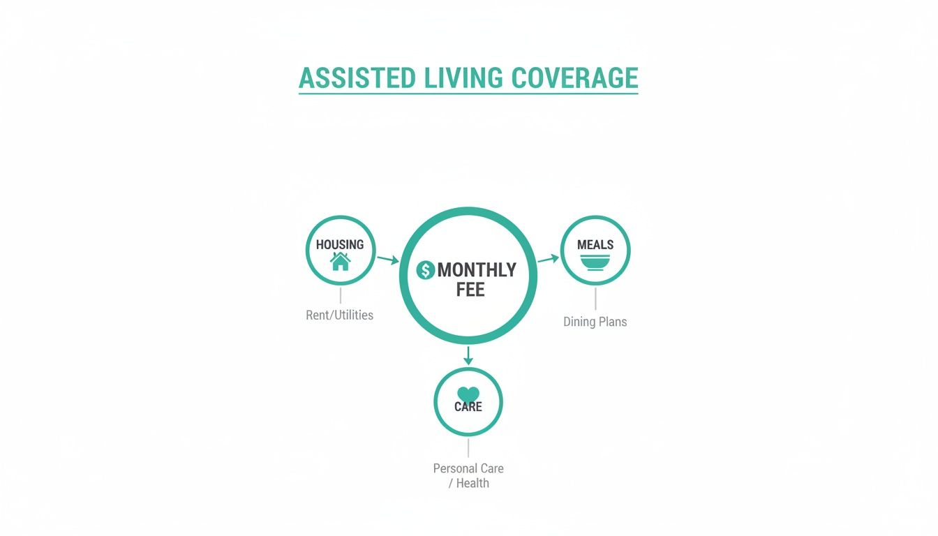Diagram illustrating assisted living coverage, showing a monthly fee encompassing housing, meals, and care services.