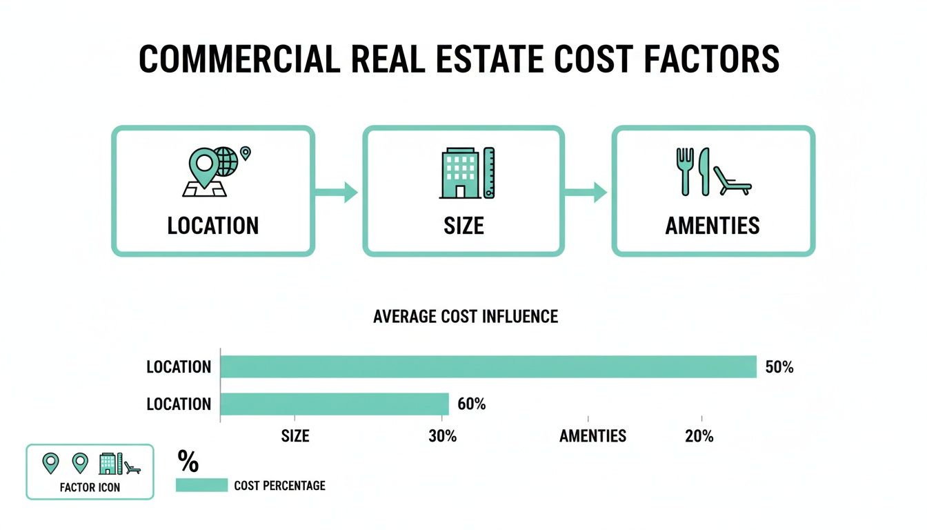 A diagram illustrating commercial real estate cost factors like location, size, and amenities with their influence.