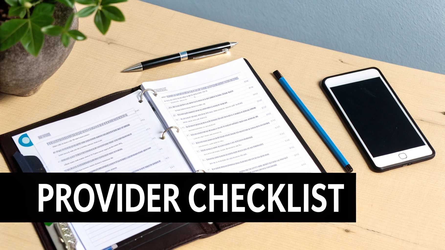 A desk with a 'Provider Checklist' binder, pen, pencil, plant, and smartphone.