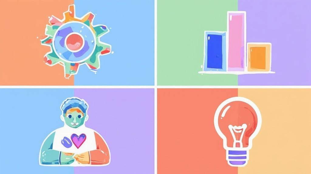 Quatre panneaux colorés illustrant une roue dentée, un graphique à barres, une personne et une ampoule.