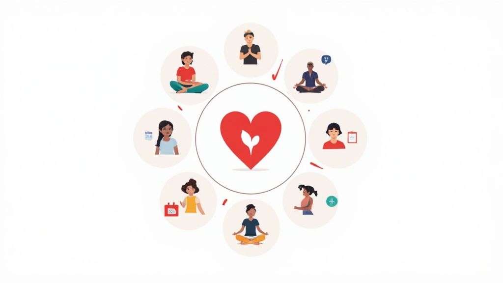 Cœur rouge central avec pousse, entouré de personnes diverses engagées dans des activités de bien-être et de santé holistique.