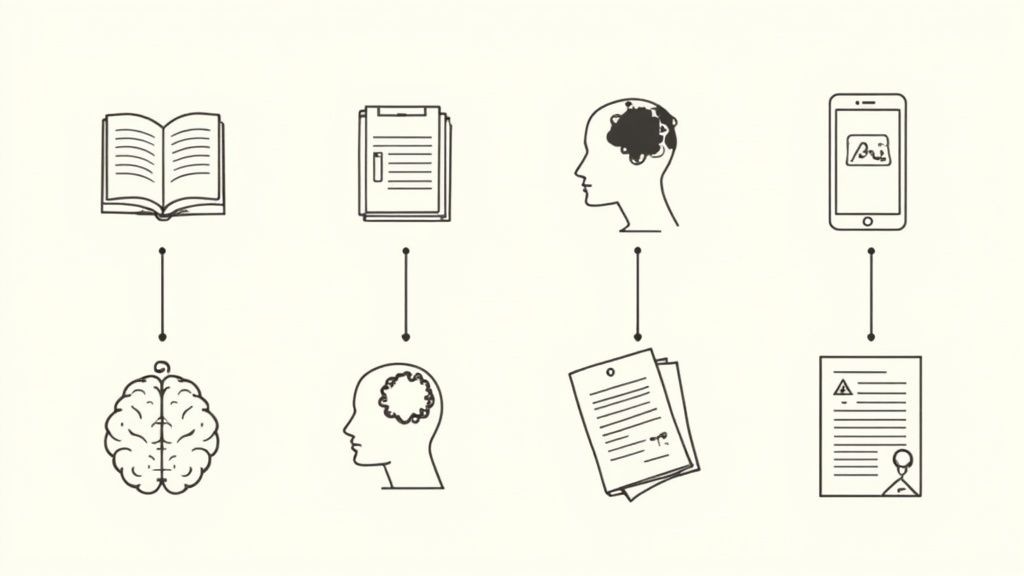 Diagramme illustrant le flux d'informations et la création de connaissances, du livre au cerveau, au document et au numérique.