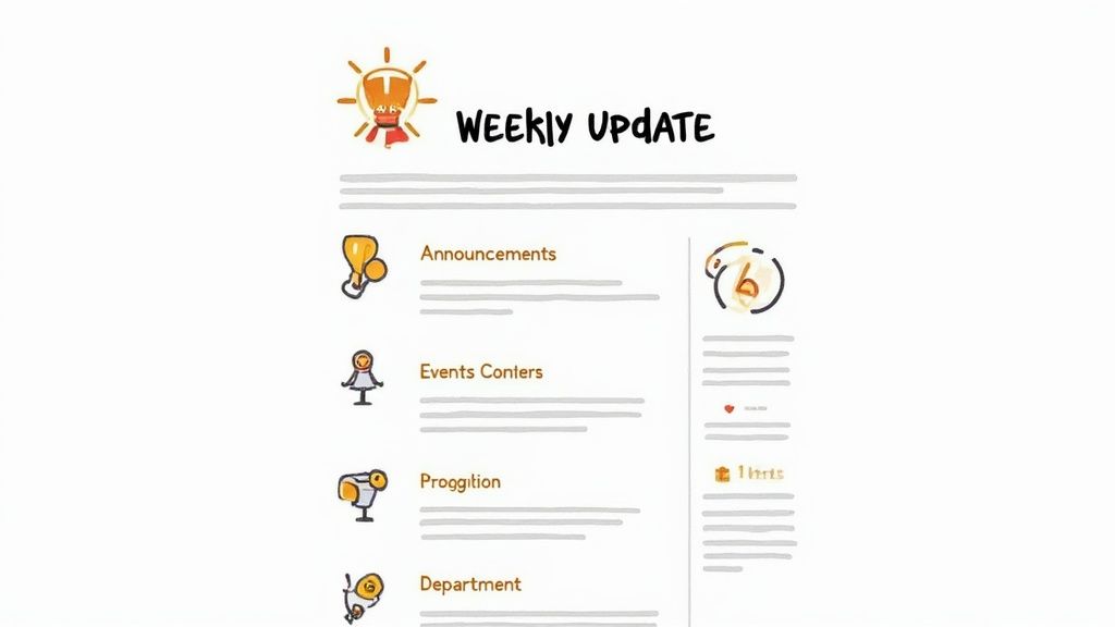 Un aperçu de newsletter interne au design esquissé, affichant l'en-tête « Weekly Update » et des sections thématiques comme les annonces et événements.