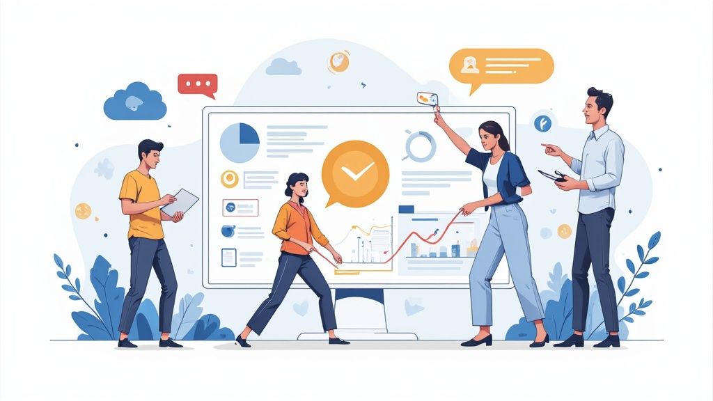 Équipe collaborative analysant des données et des graphiques sur un grand écran, symbolisant la veille stratégique.