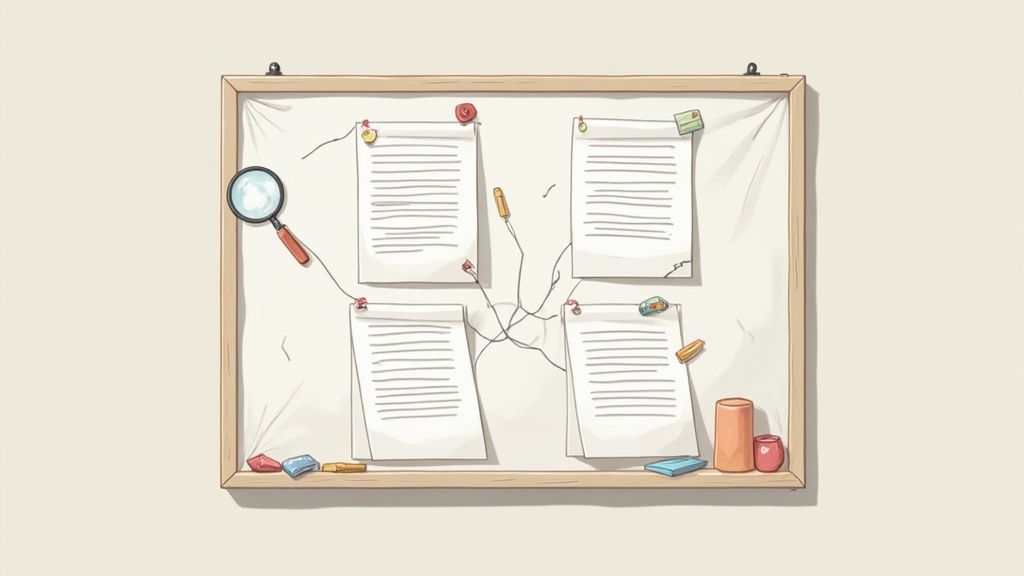 Un tableau d'affichage avec des documents connectés, une loupe et des fournitures de bureau.