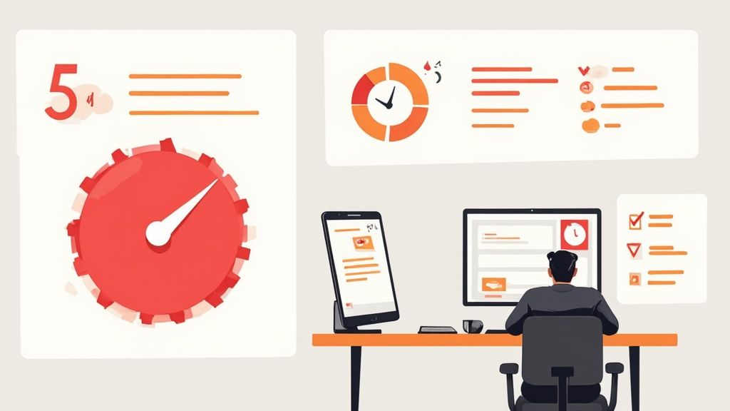 Personne travaillant devant un écran d'ordinateur et un smartphone, entourée de graphiques de productivité et de gestion du temps.