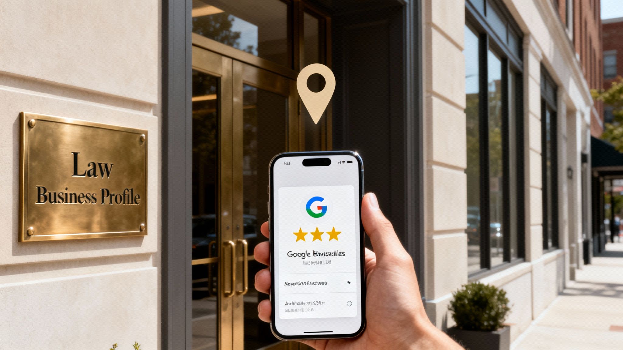 A smartphone displaying a Google Business Profile with stars, next to a 'Law Business Profile' plaque.