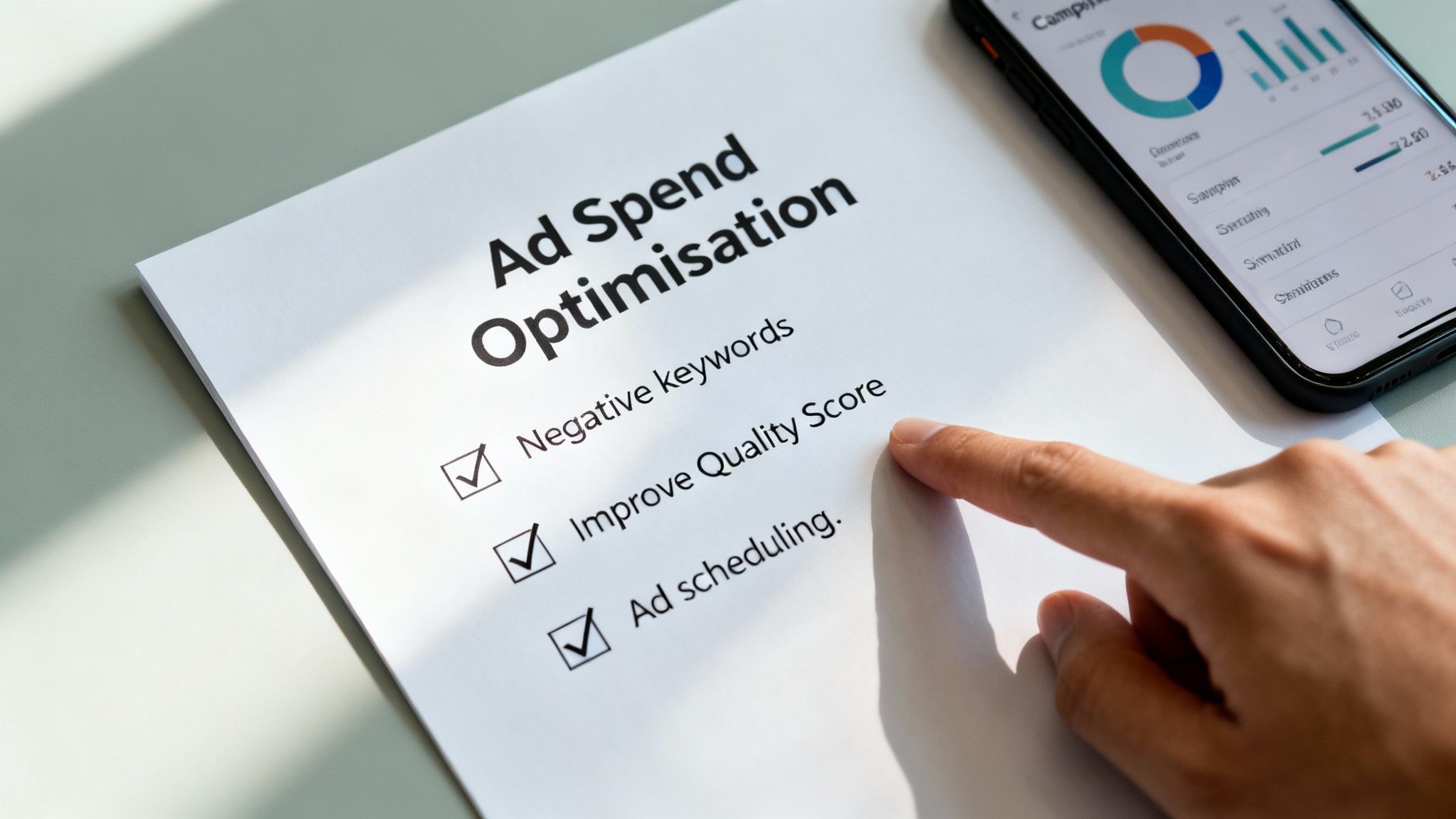 Person's hand pointing at ad spend optimization checklist with a smartphone showing data analytics.
