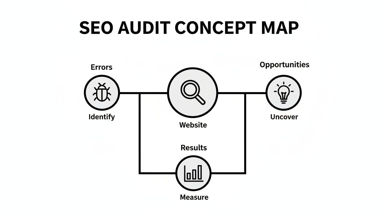 A concept map illustrating an SEO audit process: identify errors, uncover opportunities, and measure website results.