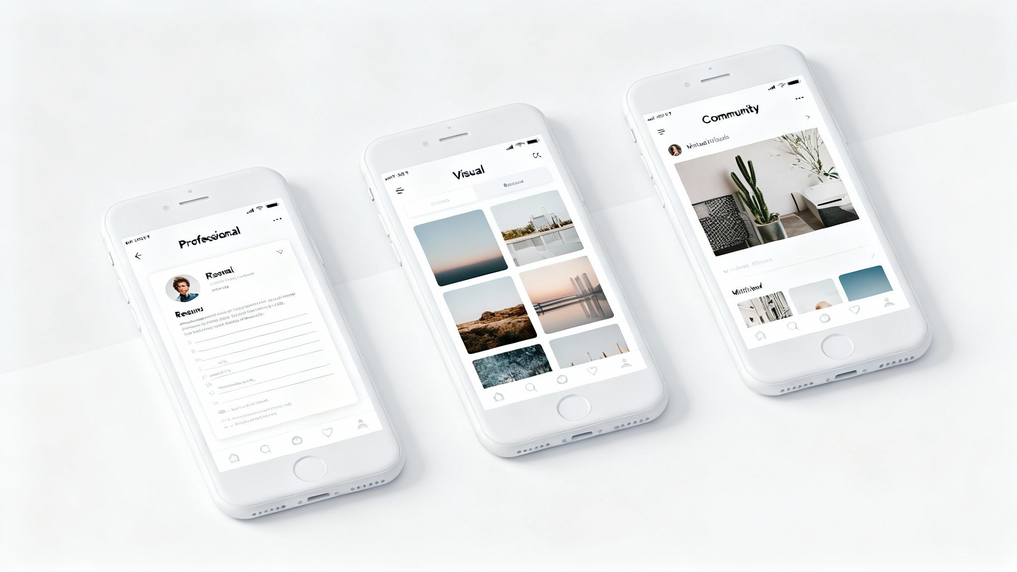 Three white smartphones showcasing various social media apps with user profiles, visual content, and community feeds.