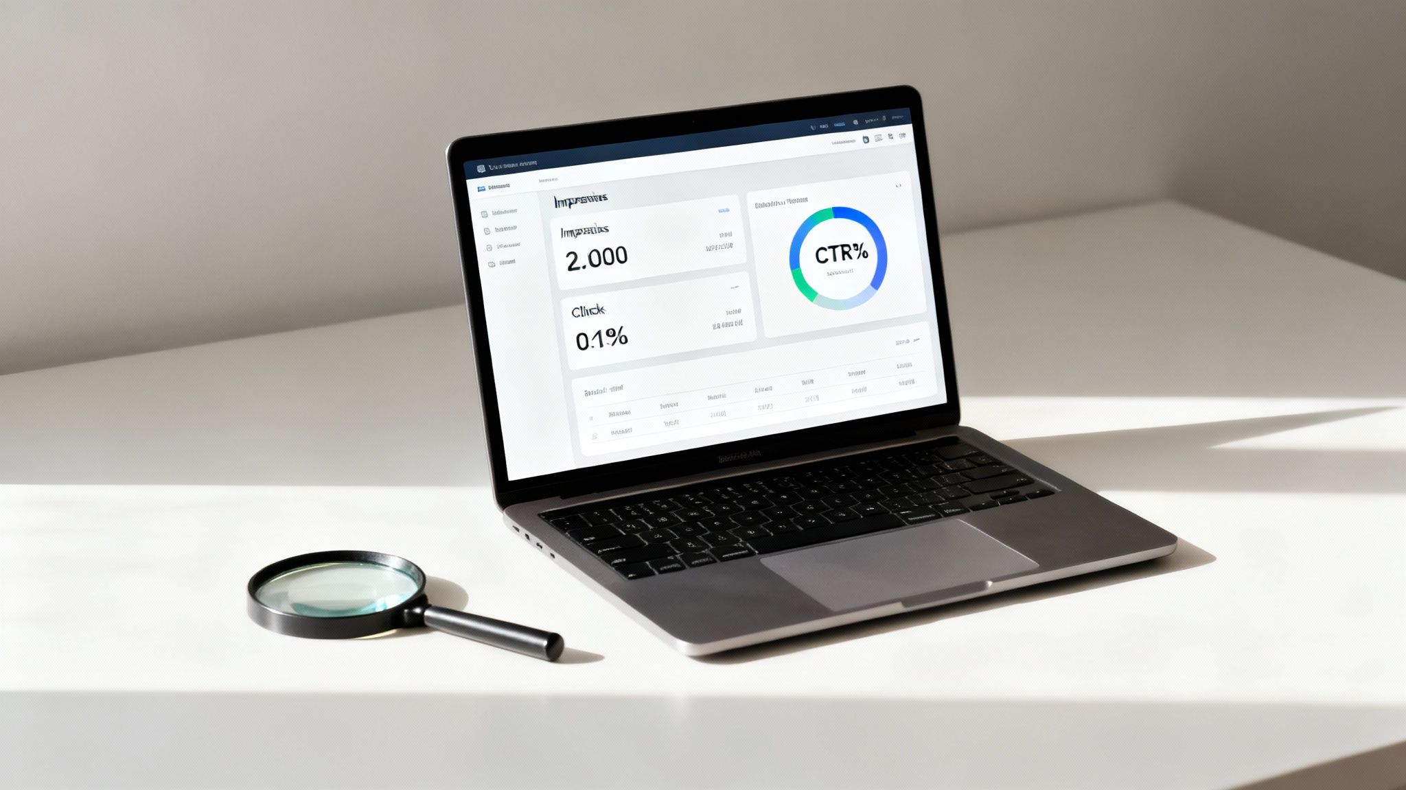 A laptop displays a digital marketing dashboard with impressions, clicks, and CTR data, next to a magnifying glass.
