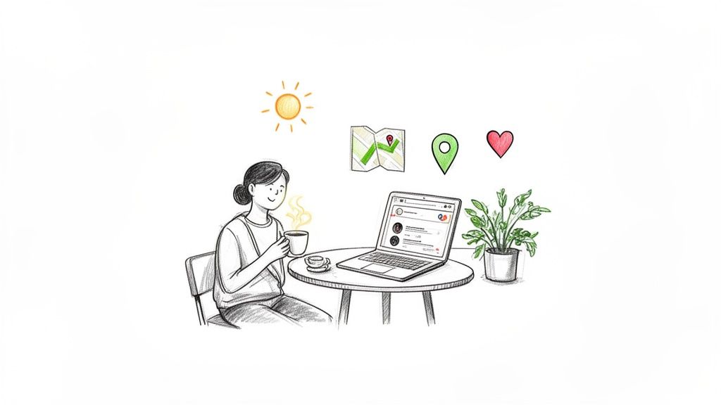 Illustration of a woman drinking coffee and using a laptop, with digital icons above.