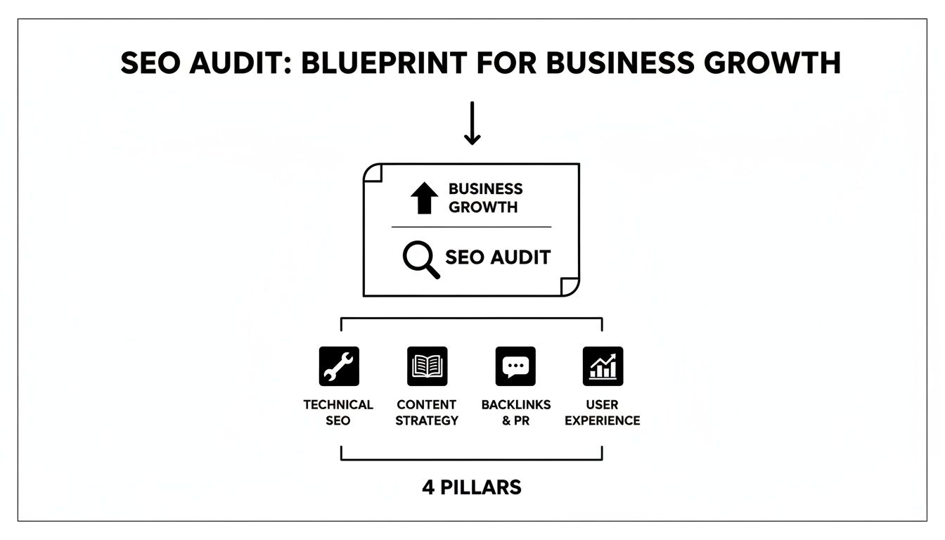 A diagram illustrating SEO audit as a blueprint for business growth, detailing its four key pillars.