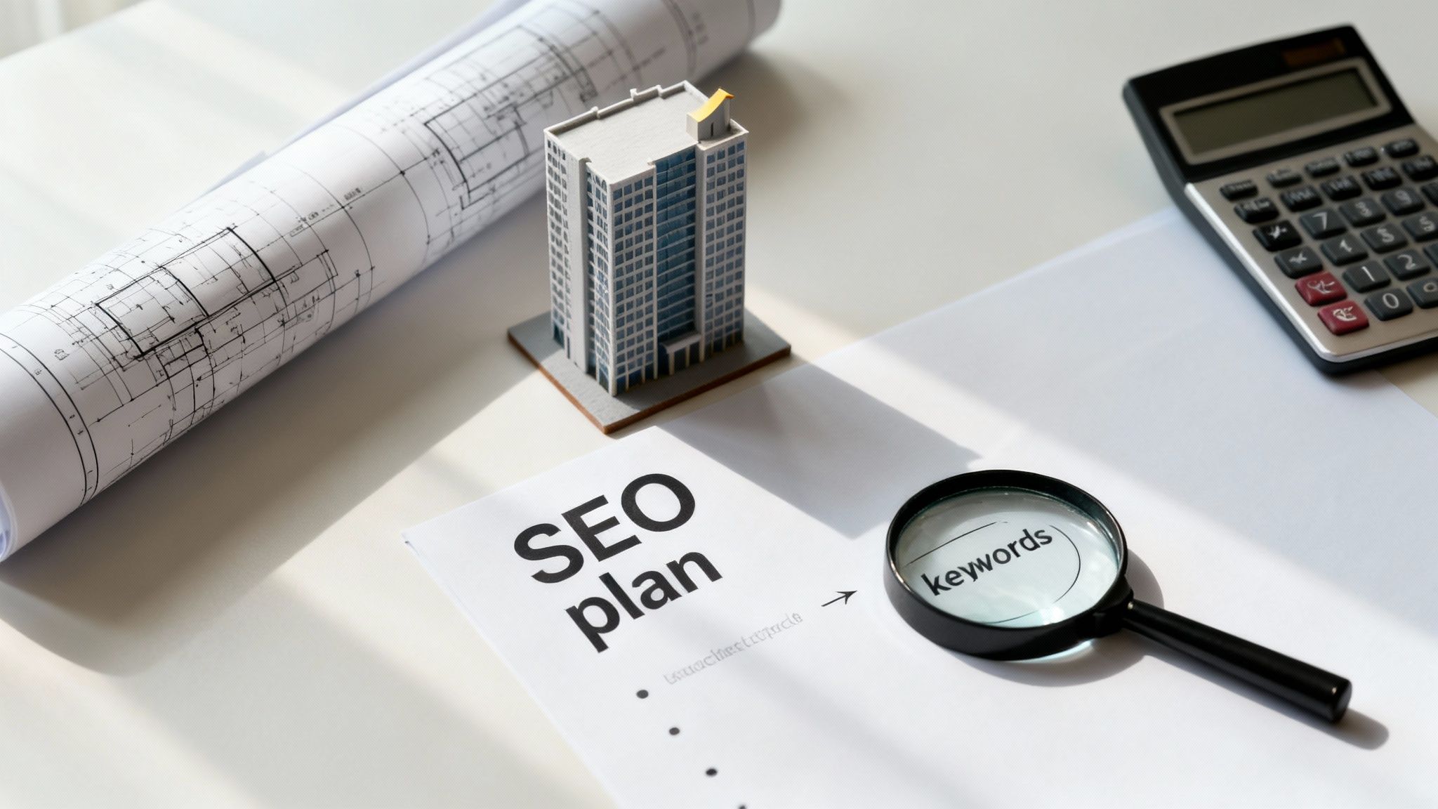 SEO plan document on a desk with a magnifying glass over 'keywords', a building model, and blueprint.