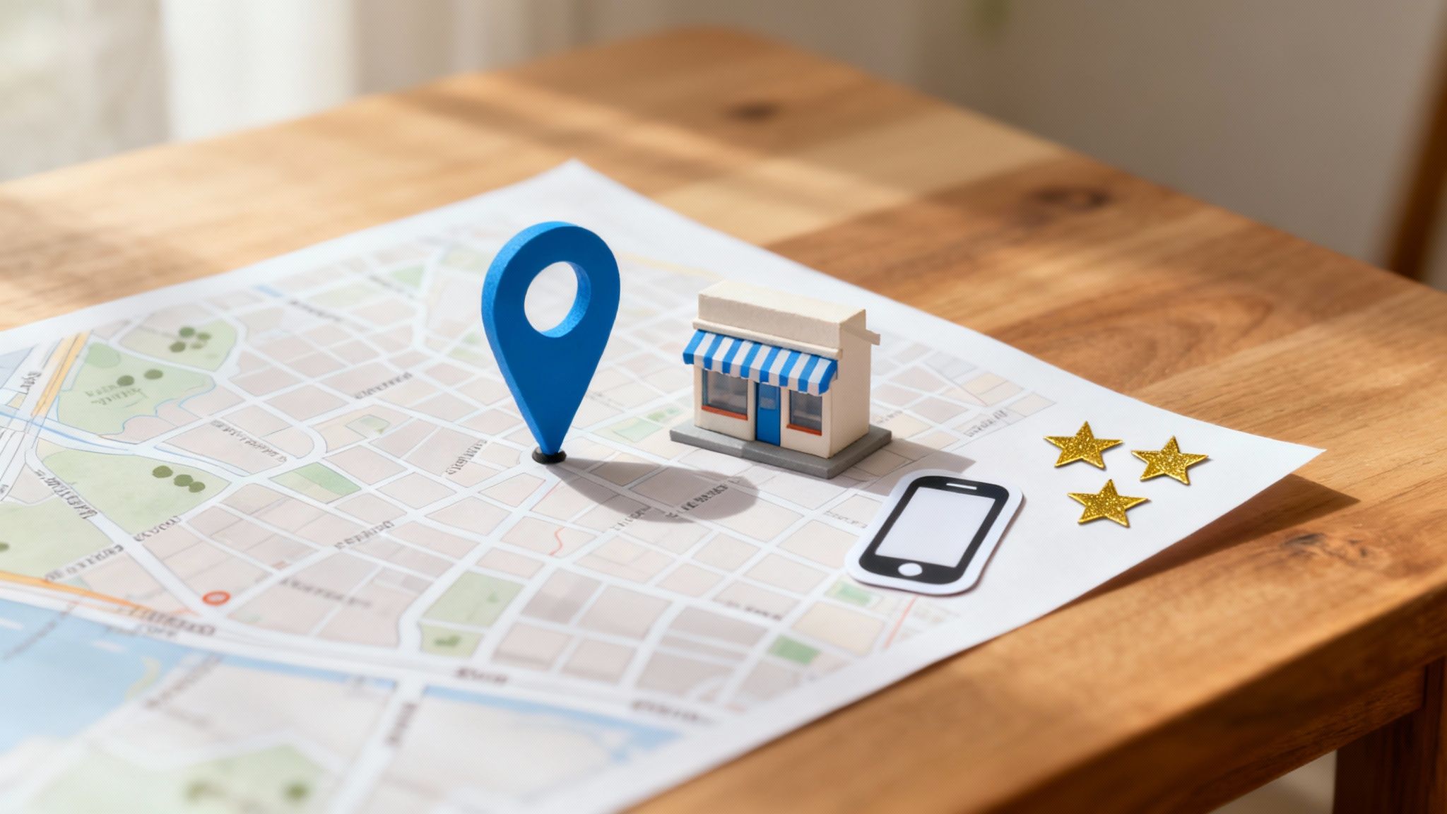 Local business location map with storefront model, mobile phone, and customer rating stars
