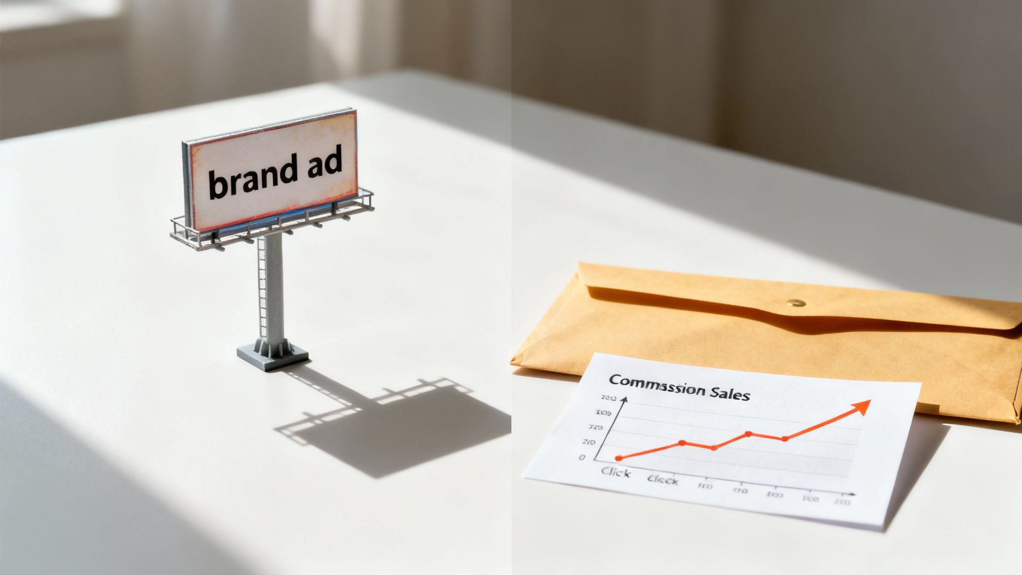 A 'brand ad' billboard model next to a graph showing increasing 'Commission Sales'.