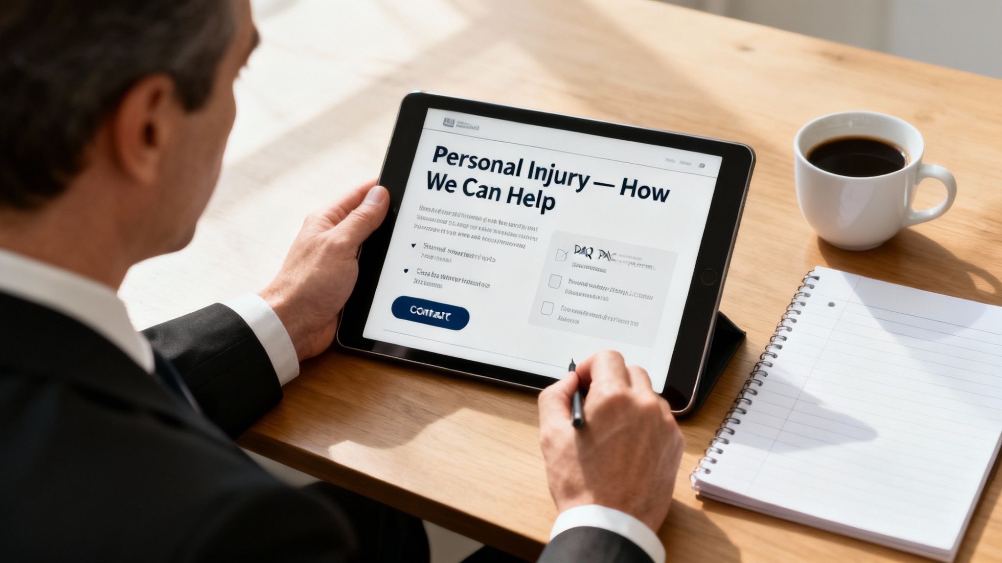 Professional man reviewing personal injury legal information on a tablet with coffee and a notebook.