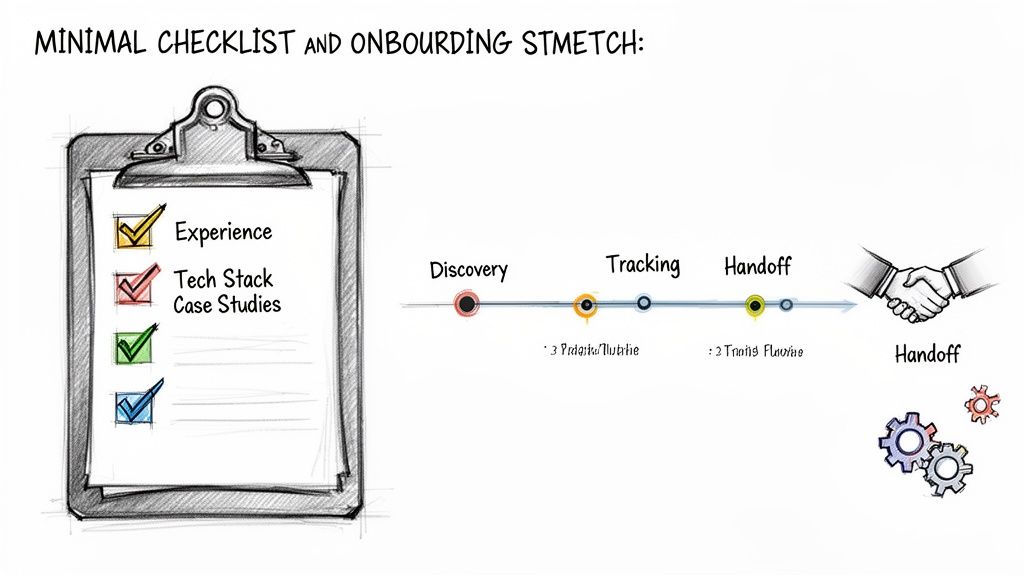 A hand-drawn illustration showing a minimal onboarding checklist and a three-step business process flow.