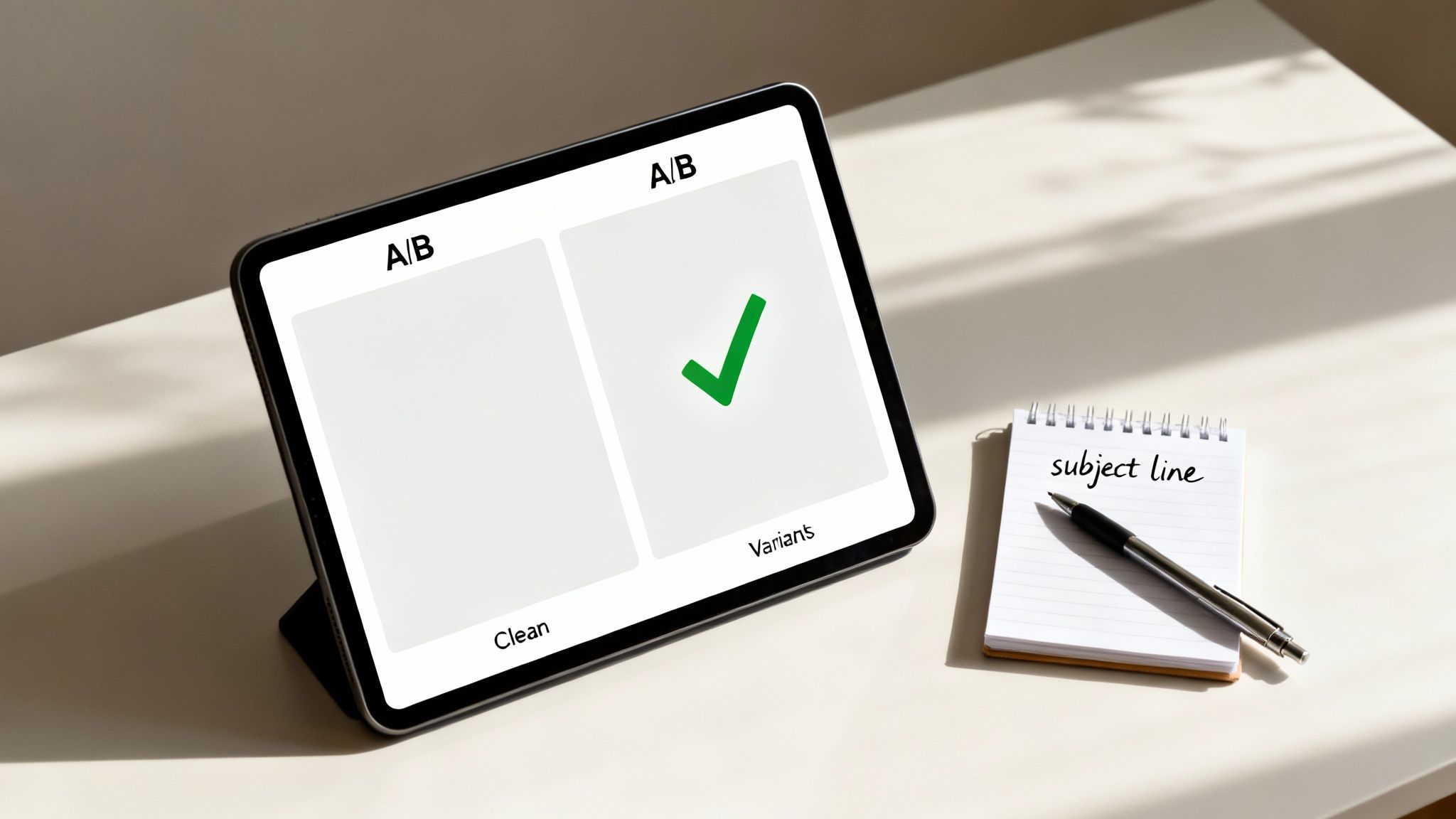 A tablet displaying an A/B test interface with a winning variant, next to a notepad with 'subject line' and a pen.