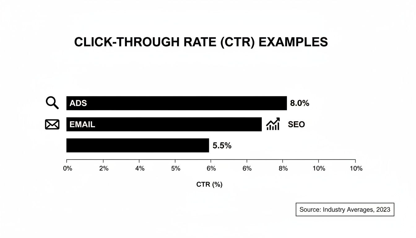 Bar chart comparing click-through rates for Ads (8.0%) and SEO (5.5%).