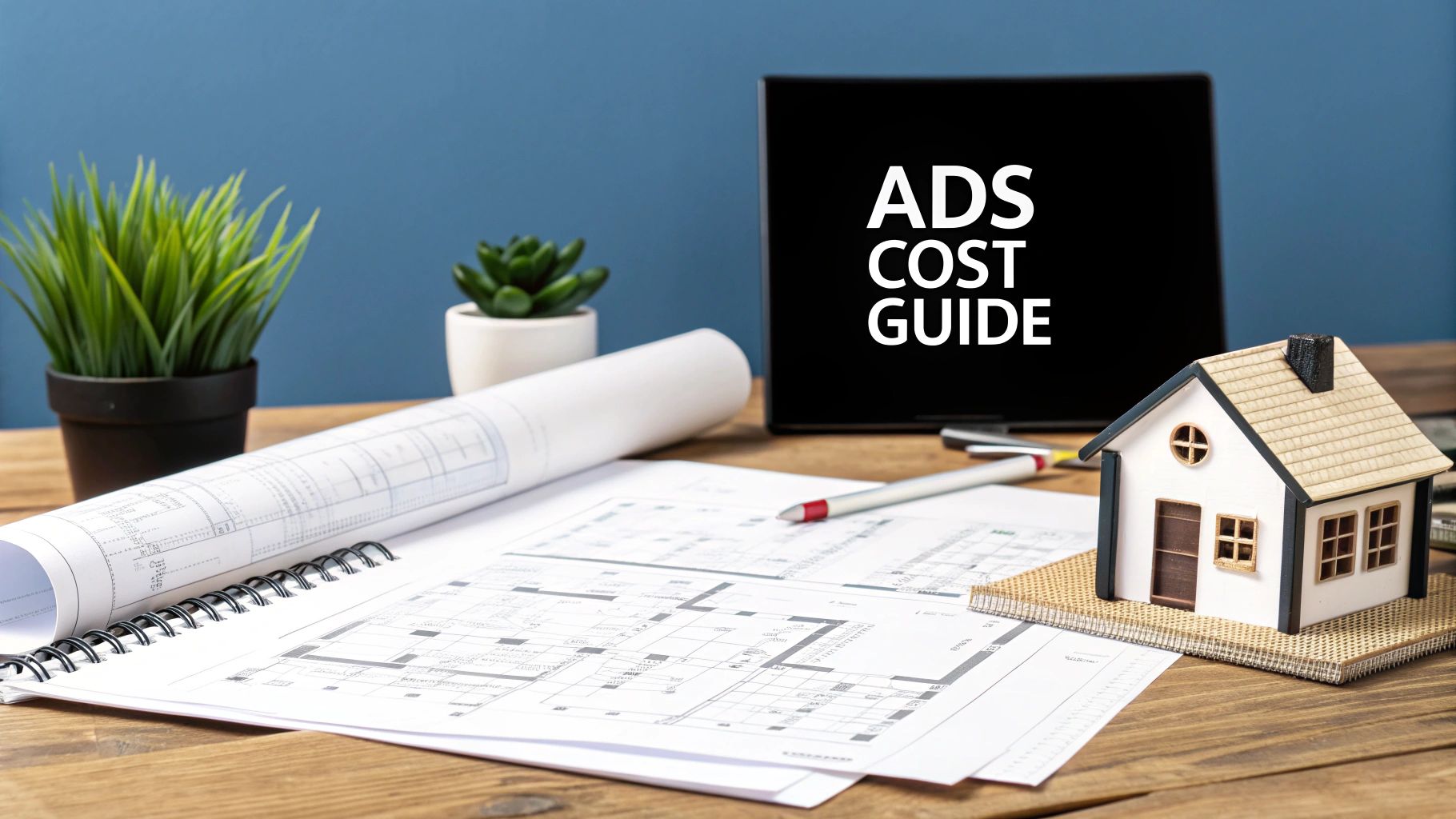 An office desk with a laptop displaying charts, a coffee cup, and a notebook, symbolising the planning of Google Ads costs.